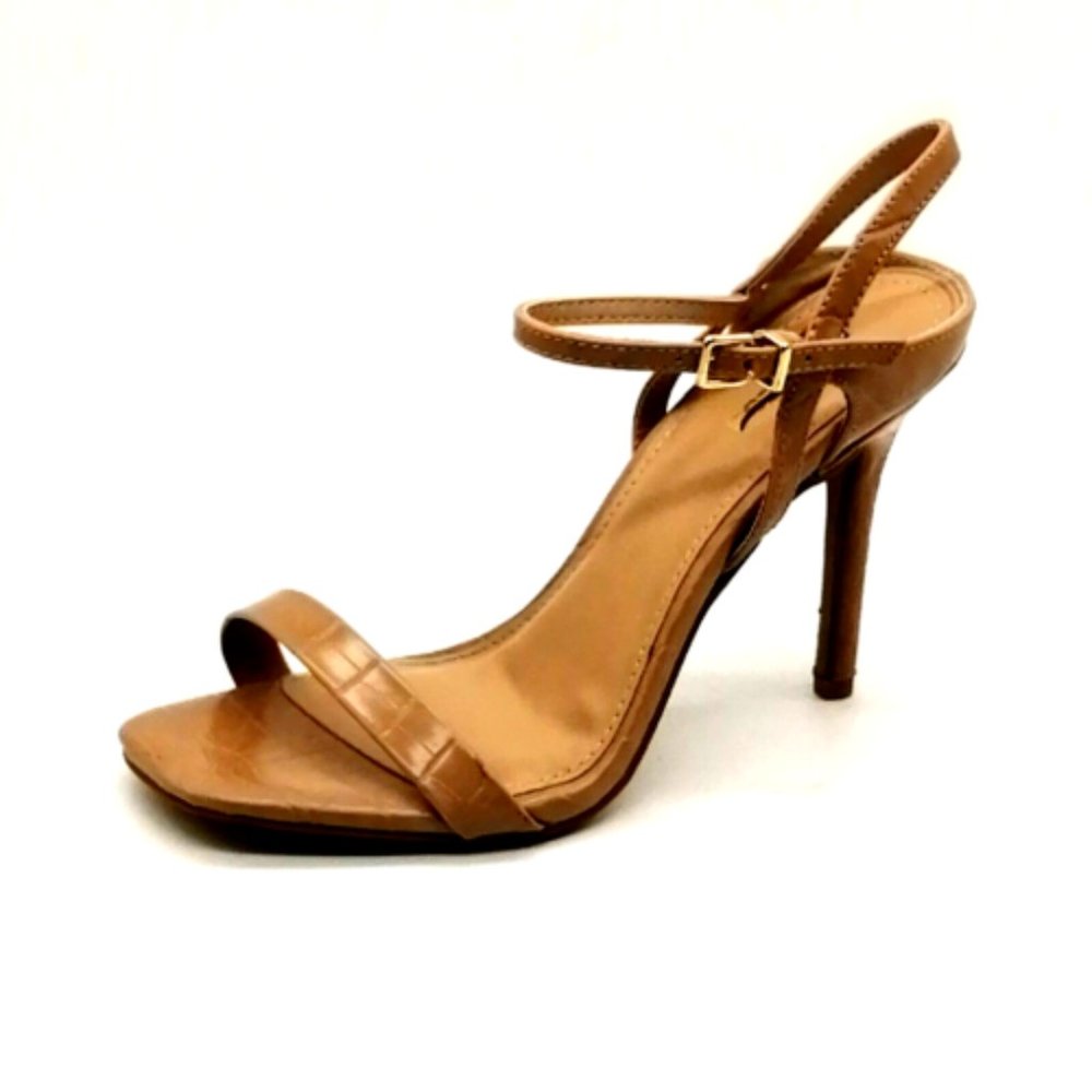 Express Womens Ankle Strap Sandal Tan Stiletto Heel Buckle Cushioned Footbed 8